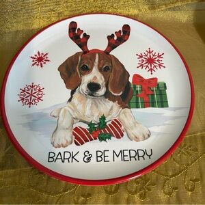 Beagle Reindeer Hound Dog Bark Be Merry Holiday Melamine Desert Appetizer Plate